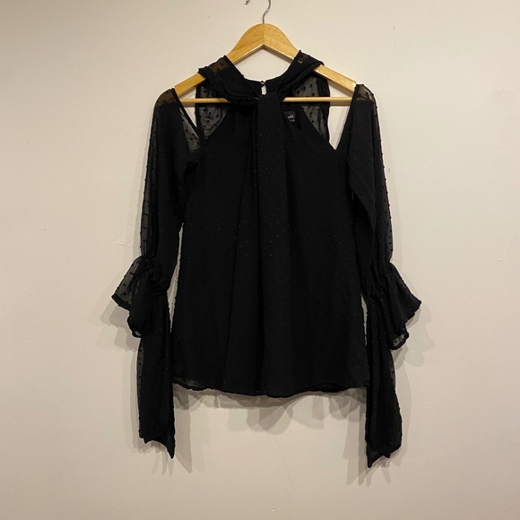 Bardot Swiss Dot Black Cold Shoulder Top - Picture 2 of 7